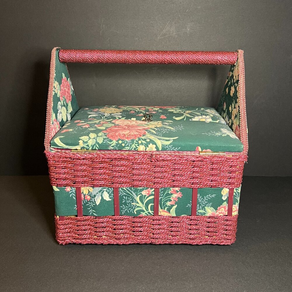 Vintage Burgundy & Green Floral Print Double Door Hinge Sewing Box w/ Handle